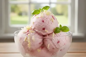 Creamy Strawberry Ice Cream with White Chocolate and a Hint of Basil