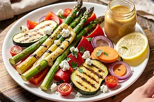 Grilled seasonal vegetables with honey-mustard dressing