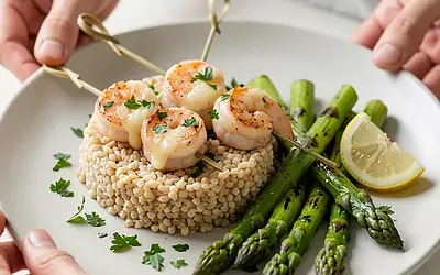 Grilled shrimp in garlic butter with bulgur and asparagus (Polish-modern)
