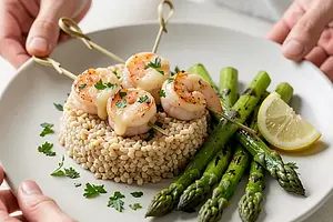 Grilled shrimp in garlic butter with bulgur and asparagus (Polish-modern)