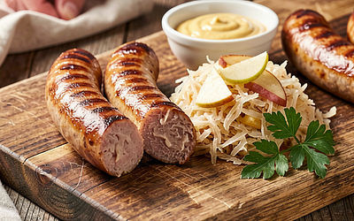 Kiełbasa z grilla z kapustą kiszoną i jabłkiem