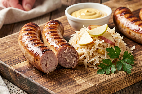 Kiełbasa z grilla z kapustą kiszoną i jabłkiem