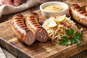 Kiełbasa z grilla z kapustą kiszoną i jabłkiem