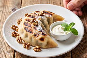Grilled dumplings with pears and cheese