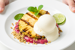 Grilled pineapples with ice cream and rhubarb compote