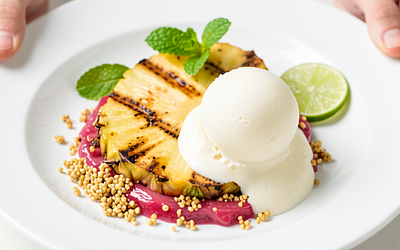 Grilled pineapples with ice cream and rhubarb compote