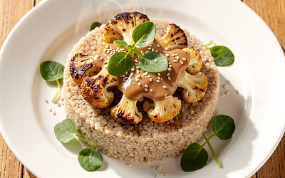 Grilled cauliflower with spicy-salty peanut butter sauce and bulgur