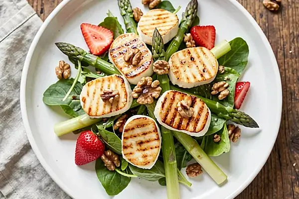 Sałatka z grillowanym serem halloumi i wiosennymi szparagami