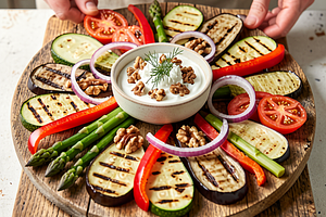 Grilled spring vegetables with yogurt sauce