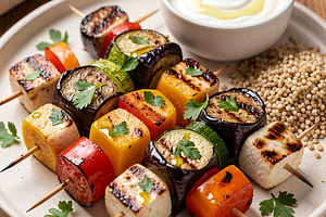 Grilled skewers of eggplant and zucchini with halloumi