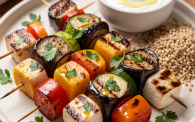 Grilled skewers of eggplant and zucchini with halloumi