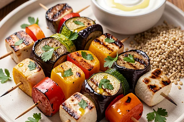Grillowane szaszłyki z bakłażana i cukinii z halloumi