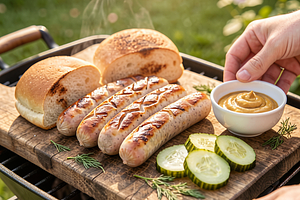 Grilled sausages with pickled cucumbers