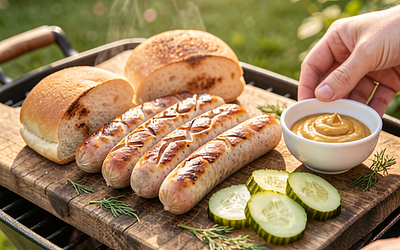 Grilled sausages with pickled cucumbers