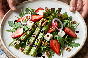 Grilled spring salad with strawberries and asparagus