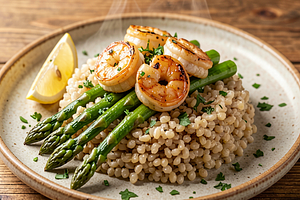 Grilled shrimp with garlic butter, farro, and asparagus