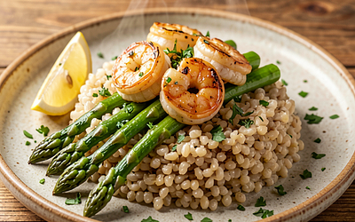 Grilled shrimp with garlic butter, farro, and asparagus