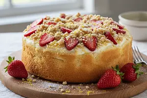 Fluffy Yogurt Cake with Strawberries and Refreshing Lemon Crumble
