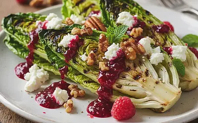 Grillowane Serca Sałaty Rzymskiej z Kozim Serem, Karmelizowanymi Orzechami i Malinowym Vinaigrette
