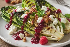 Grillowane Serca Sałaty Rzymskiej z Kozim Serem, Karmelizowanymi Orzechami i Malinowym Vinaigrette