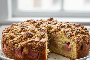 Fluffy buttermilk cake with rhubarb and almond crumble