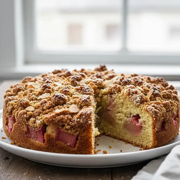 Fluffy buttermilk cake with rhubarb and almond crumble