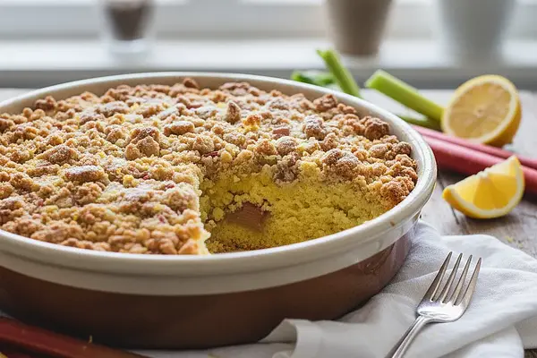 Puszyste Ciasto Cytrynowo-Rabarbarowe z Maślaną Kruszonką