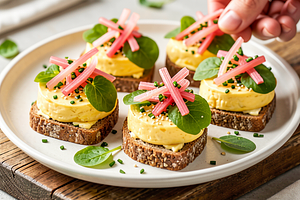 Mini canapés with egg paste, sorrel, and pickled rhubarb