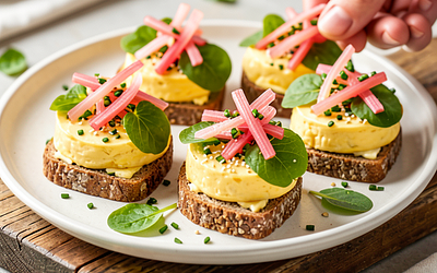 Mini canapés with egg paste, sorrel, and pickled rhubarb