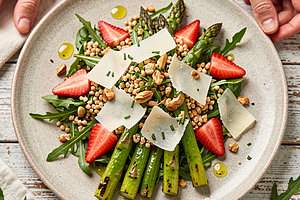 Arugula salad with grilled asparagus and parmesan with spelt and strawberries