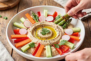 Majówkowy hummus z młodymi warzywami i prażonym sezamem