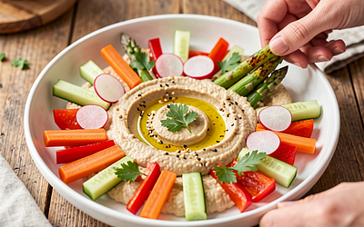 Majówkowy hummus z młodymi warzywami i prażonym sezamem