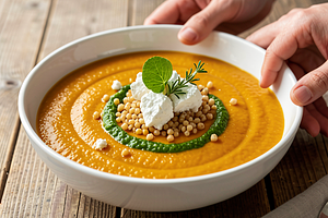 Pumpkin cream with crunchy spelt and a sorrel accent