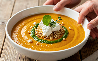 Pumpkin cream with crunchy spelt and a sorrel accent