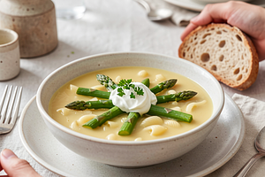 Spring vegetable soup with pasta and asparagus