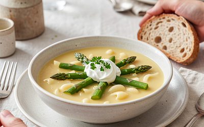 Spring vegetable soup with pasta and asparagus