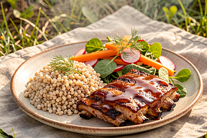 Grilled Ribs in Honey-Rhubarb Glaze with Barley and Spring Salad