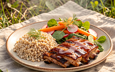 Grilled Ribs in Honey-Rhubarb Glaze with Barley and Spring Salad
