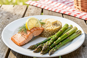 Baked salmon with lemon, spelt, and asparagus