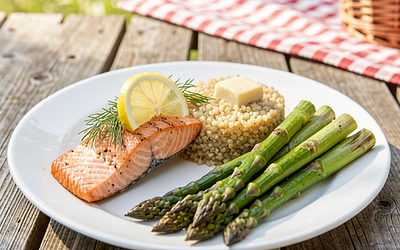 Baked salmon with lemon, spelt, and asparagus