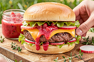 Beef Burgers with Cheddar Cheese and Rhubarb Chutney