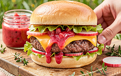 Beef Burgers with Cheddar Cheese and Rhubarb Chutney