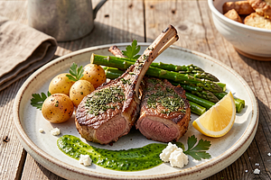 Lamb chops with herbs, young potatoes, and asparagus