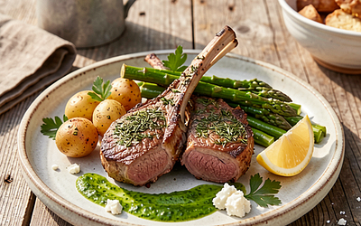 Lamb chops with herbs, young potatoes, and asparagus