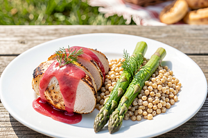Chicken breasts in yogurt marinade with rhubarb glaze, pearl barley and asparagus
