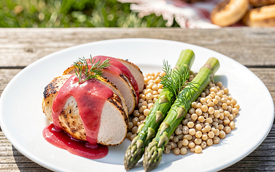 Chicken breasts in yogurt marinade with rhubarb glaze, pearl barley and asparagus