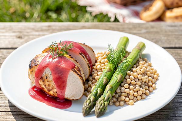 Piersi z kurczaka w jogurtowej marynacie z rabarbarowym glaze, kasza pęczak i szparagi