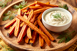 Sweet Potato Fries with Cottage Cheese and Buttermilk Dip