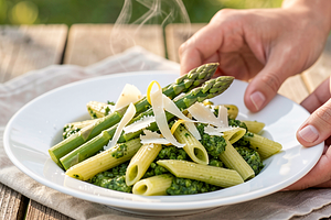 Pasta with basil pesto and young asparagus (for May Day)