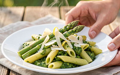 Pasta with basil pesto and young asparagus (for May Day)